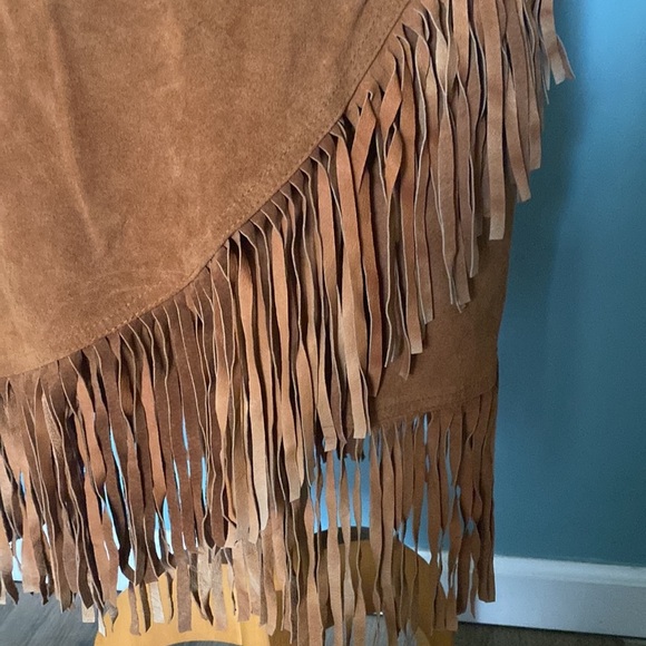 VTG Cedar Fringed Tan Suede true wrap Skirt size M boho festival rustic hippie - Picture 2 of 15